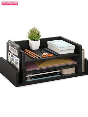 3-Tier Desk Organizer with 2 Side Mail Slots, Wood Letter Tray, Open Top